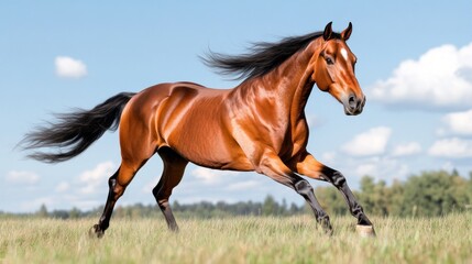 Obraz premium A powerful brown horse galloping through a grassy field.