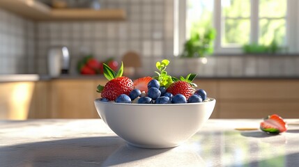A mid-level view of an oatmeal bowl with blueberries, strawberries, and honey drizzle, placed on a sunny kitchen counter