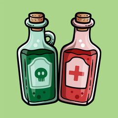 poison and potion bottles isolated colored drawing line art style sketch classic vintage design illustration