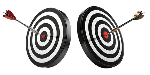 Target set 3D dartboard with red dart hitting bullseye, symbolizing success, goal achievement, and accuracy, perfect for business marketing, social media posts, web banners, posters, high-quality 2025