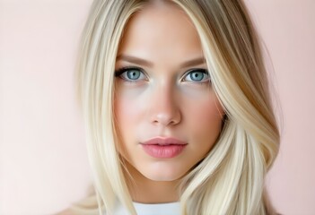 Naklejka premium Portrait of beautiful blonde woman with long straight hair over pastel background 