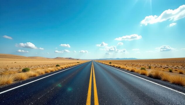 Endless asphalt ribbon stretches to horizon under vast blue sky, motoring, asphalt, journey