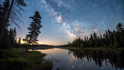 Fototapeta premium A summer landscape view with yellow blue frosty flowers of the Milky Way reflecting in a lake. A calm lake reflecting a night sky with a milky way, surrounded by dark trees.