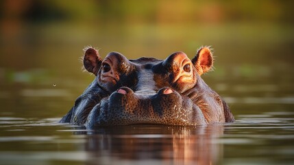Fototapeta premium A vivid close-up of a hippopotamus partly submerged in calm water with warm evening light. wildlife photography.