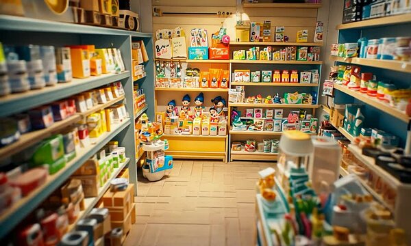 Miniature Cozy General Store with Colorful Shelves and Toys.