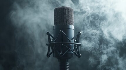 Close-up of a microphone in a smoky studio setting.