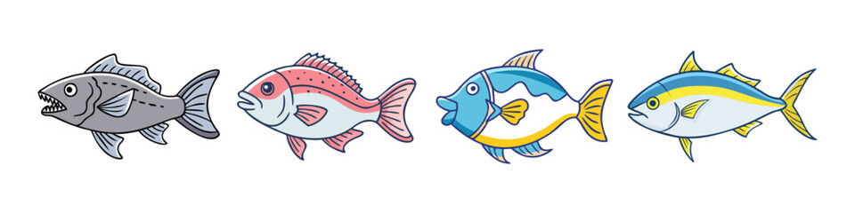 Cartoon Illustration of Varied Fish Species - Hand-drawn illustrations of different fish species, including gray fish, red snapper, angelfish, and yellowfin tuna in a colorful style.
