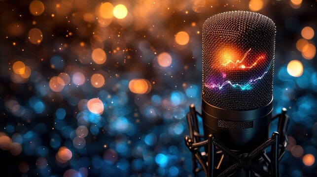 Close-up of a microphone with glowing financial chart overlay on a bokeh background.
