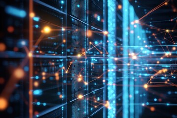 Digital network connections illuminate a modern data center with glowing lines and servers