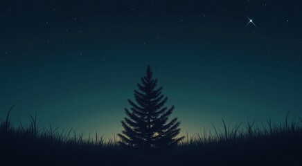 Naklejka premium A lone tree in a grassy field with a star in the sky