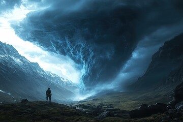 Dramatic storm cloud formation looms over a lone figure in a mountainous landscape