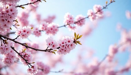 Blossoming cherry branches with soft pink flowers against a clear blue spring sky
