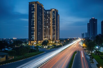 Urban skyline illuminated at night showcasing modern architecture and busy streets