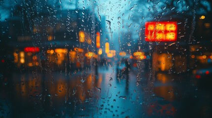 Rainy city night viewed through a rain-covered window.