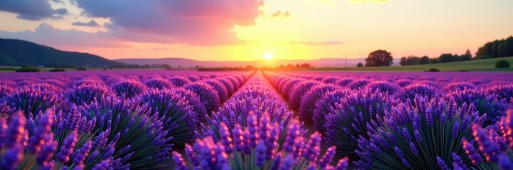 Naklejka premium Rows of lavender under a clear summer sky at dawn , botanical, peaceful, color