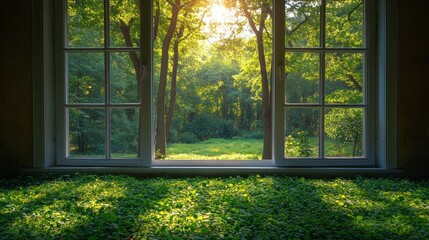 Naklejka premium Sunlit forest view from window with green plants on sill.