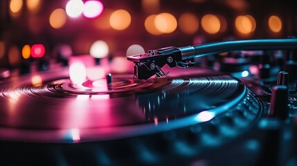 Close-up of a turntable playing a vinyl record in a nightclub atmosphere.