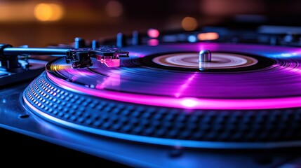 Close-up of a turntable with a vinyl record spinning, lit with vibrant purple and blue lights.