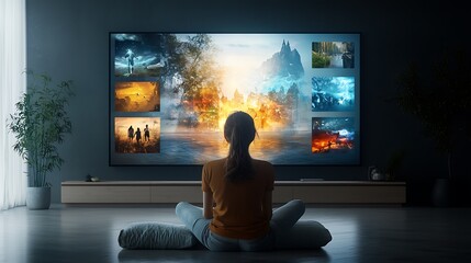 A vibrant digital screen showcasing a colorful array of images and video tiles, presenting diverse multimedia content in a sleek, modern home environment, ultra-realistic, photo-realistic, highly 