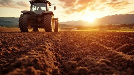 A powerful tractor leaves a trail of dust as it works in the fields at dusk, capturing the essence...