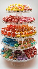 A Multi-Tiered Dessert Display of Colorful Candies, Cupcakes and Chocolates. A Festive and Sweet Treat for any Occasion.