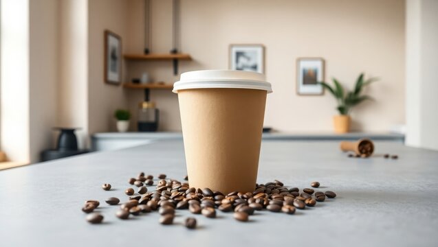 Coffee cup sits near scattered coffee beans