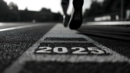 A clean and minimalist composition featuring "2025" engraved prominently on the track with a runner in focus