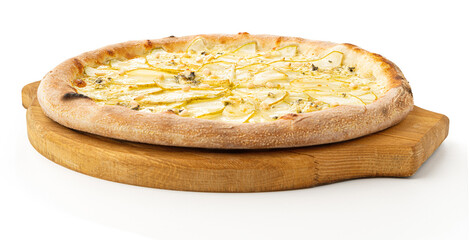 Pizza with pear isolated on white background. Tasty hot pizza fruit with 4 four cheese gorgonzola on wooden dish or tray at an angle view for design menu and promotional. 