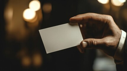 Elegant Hand Holding a Blank Business Card in Low Light