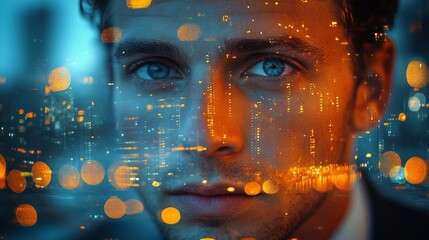 Close-up portrait of a man with a city lights overlay, conveying urban professional and technology concepts.