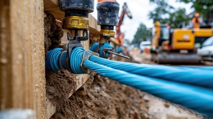 A close-up shot of blue cables connected to valves in a construction site, showcasing equipment and materials used in infrastructure development.