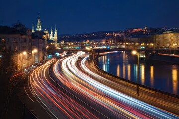 Obraz premium City lights reflect on the river while traffic moves along the waterfront at night in a vibrant urban landscape