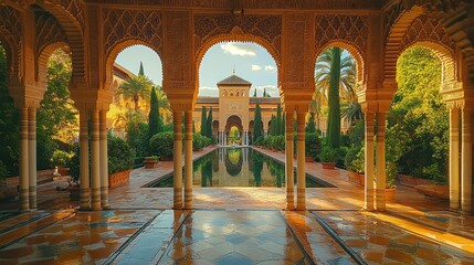 Sunlit courtyard with arches, reflecting pool, and lush greenery in a historical Spanish palace.