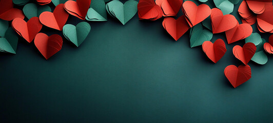 A vibrant collection of red and green hearts on a dark green background, perfect for Valentine's Day promotions, wedding invitations, or themed love celebrations.