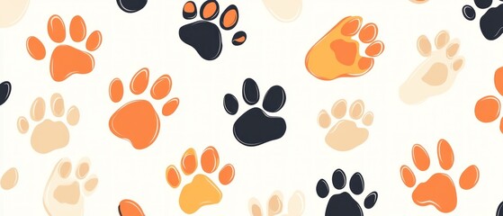 Fototapeta premium Colorful Paw Prints Pattern: A Delightful Design Featuring Various Sized and Colored Paw Prints on a White Background