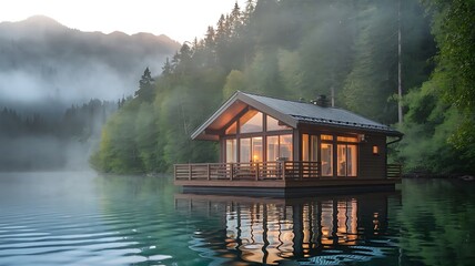 Fototapeta premium Serene Lakeside Cabin with Warm Lights Reflecting on Calm Water