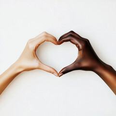 Hands creating a heart shape symbolize love and unity between different skin tones in a harmonious setting