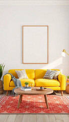 3D render of a mockup poster in the living room featuring a yellow sofa in bohemian style and a 3D illustration.