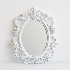 Cute table mirror with a decorative frame, glowing gently against a pure white background, creating an airy feel