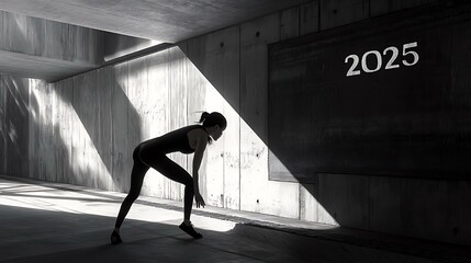 A motivational composition of a woman bending into a sprint pose at the engraved "2025"