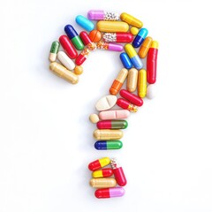 Colorful assortment of capsules arranged in the shape of a question mark on a white background