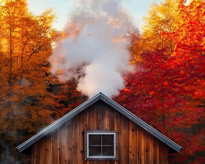 Boiling Sap in Rustic Sugar Shacks for Maple Syrup Production, a realistic photo of steam rising from an old-fashioned sugar shack surrounded by vibrant maple trees in late afternoon light