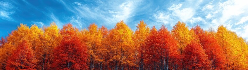 Fototapeta premium Golden Autumn Forest: A dense forest filled with trees whose leaves are bright shades of orange, yellow, and red, carpeting the ground
