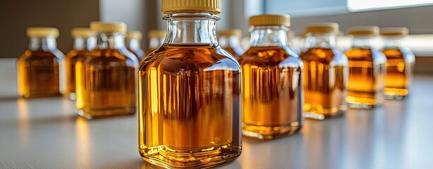 Showcasing Golden Maple Syrup Bottled and Ready for Sale, a neon light photography view of glowing syrup bottles displayed under soft ambient lighting, with reflections enhancing.