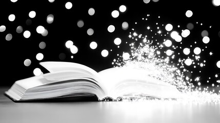 Open book with magical light emanating from its pages against a dark background with bokeh lights.