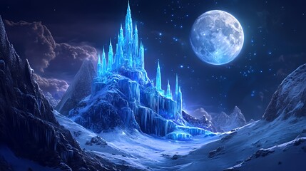 A majestic ice castle stands tall amidst snowy mountains under a full moon