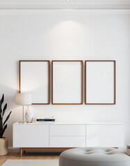 Three Mockup Poster Frames on a Wall in a Modern Living Room Interior