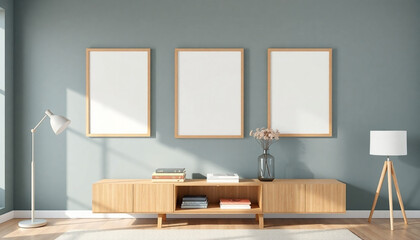 3D Render of a Modern Interior Featuring Three Poster Frames on a Wall
