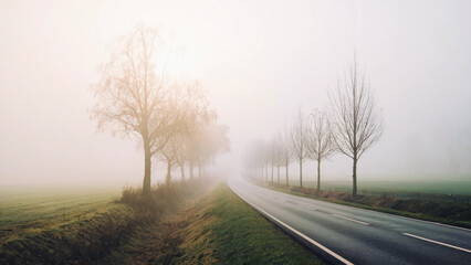 Fototapeta premium Foggy countryside road lined with bare trees at sunrise 