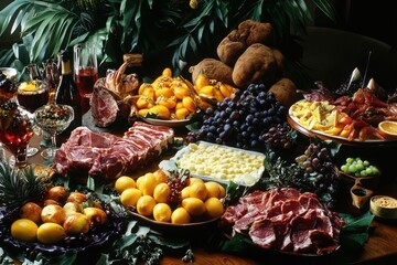 Delicious spread of fresh fruits, meats, and beverages arranged elegantly for a festive gathering